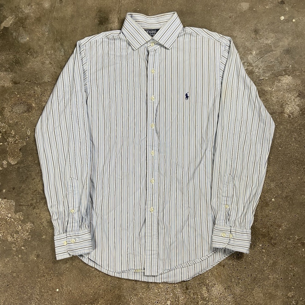 Polo Ralph Lauren Dress Shirt Size 16 34/35 Blue Striped Regent Custom Fit Pony